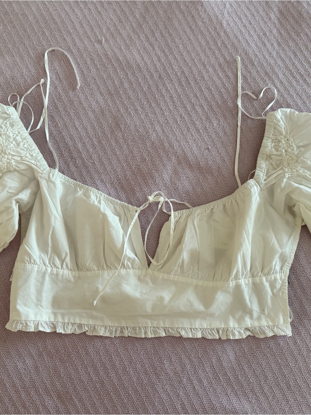 Zara Cream Puff-Sleeve Tie-Front Crop Top